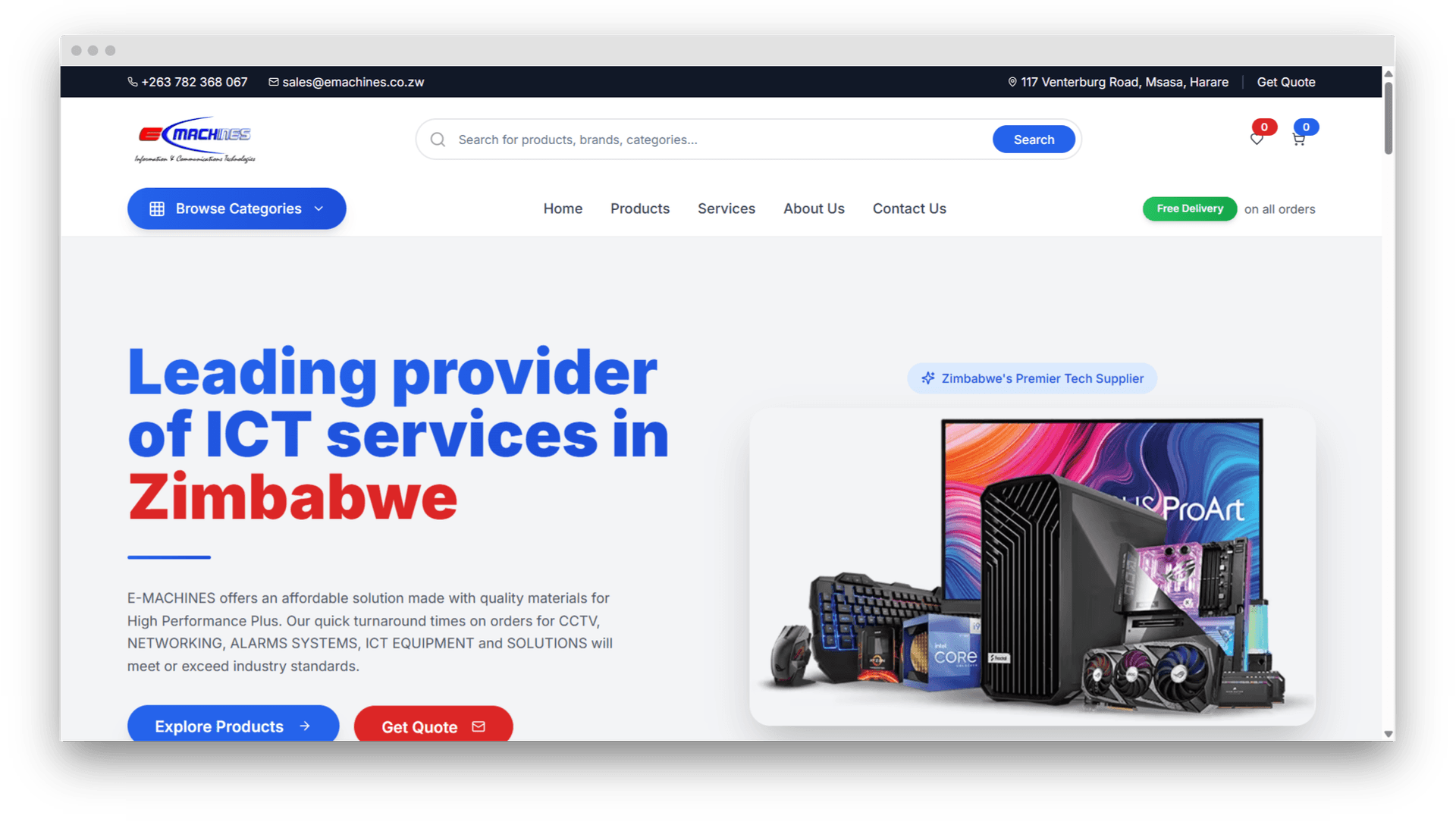 E Machine ICT Products Website - Custom website developed by Line IT Consultancy Zimbabwe