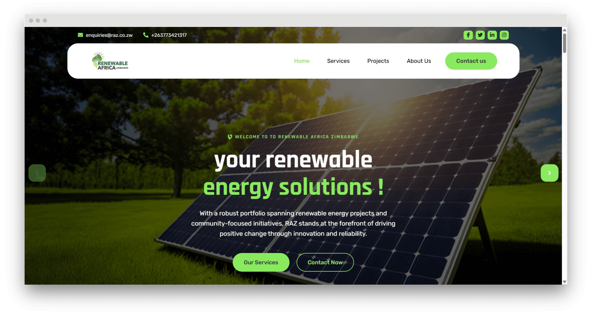 Renewable Africa Zimbabwe Website - Solar energy solutions website developed by Line IT