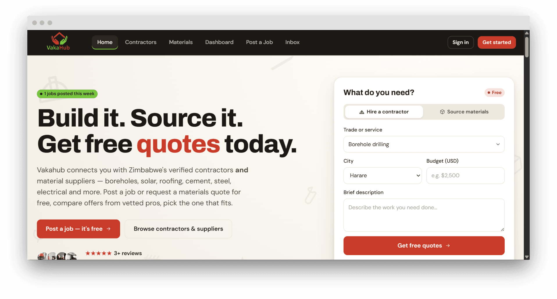 VakaHub - Construction marketplace web application connecting Zimbabweans with verified contractors and material suppliers