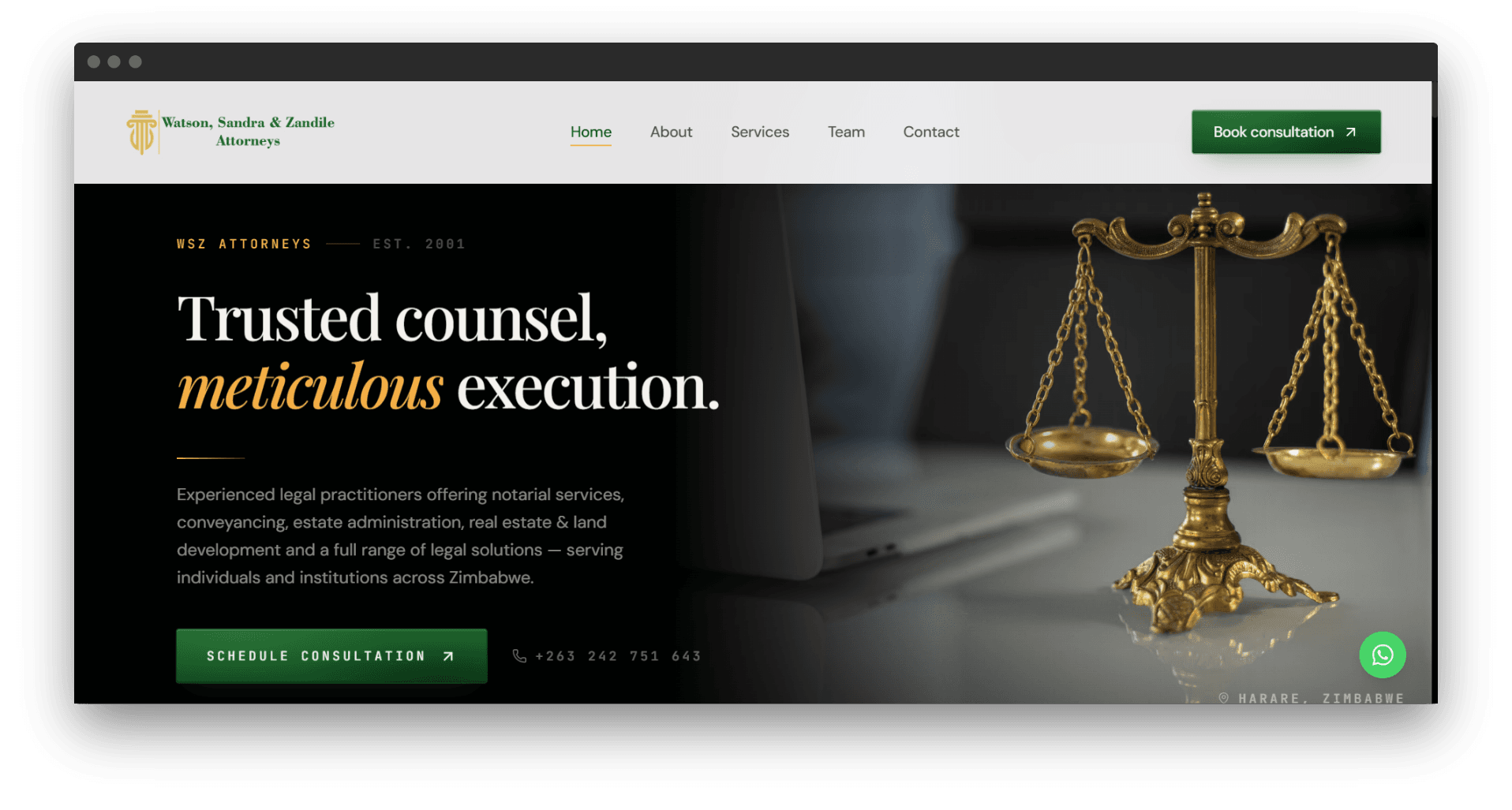 WSZ Attorneys Website - Harare law firm website with consultation booking developed by Line IT Consultancy